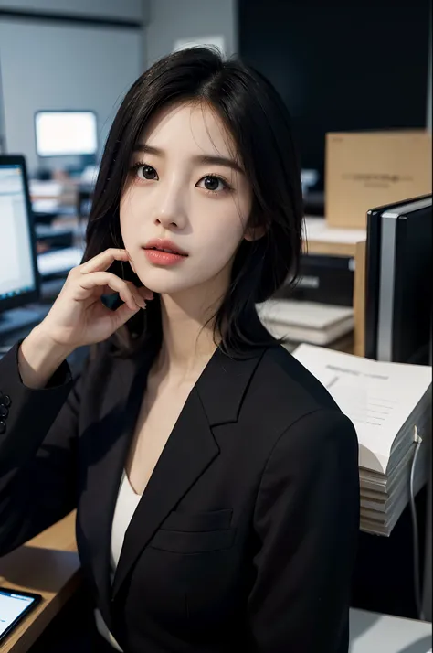 High-res, Realistic portrait of professional korean office lady with perfect skin，Professional suits，Womens suits，stand posture，The upper part of the body，Women in the workplace，Show confidence and maturity, Surrounded by a modern corporate environment, Vi...