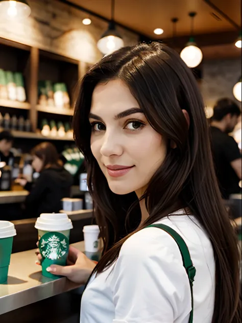 brunette woman selfi portrayed, at Starbucks, people in the background