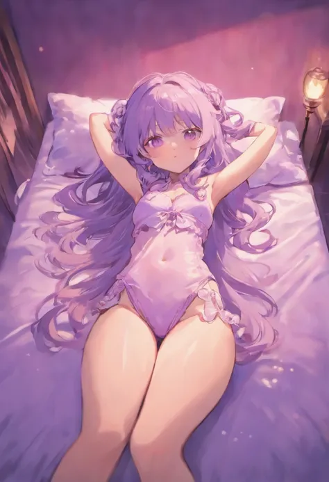 Lilac long-haired girl，Lying on the bed in underwear，Spread your hands，Open your legs