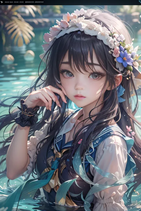 extremely detailed CG unity 8k wallpaper,best quality，noon,beautiful detailed  water，long black hair，beautiful detailed girl，serafuku,view straight on,eyeball,hair flower,close up