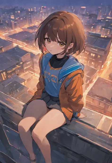 Girl with short brown hair，Wearing a JK uniform and a short skirt，Sit sideways on the rooftop of the building，Soft light, Cinematic composition, Cinematic light