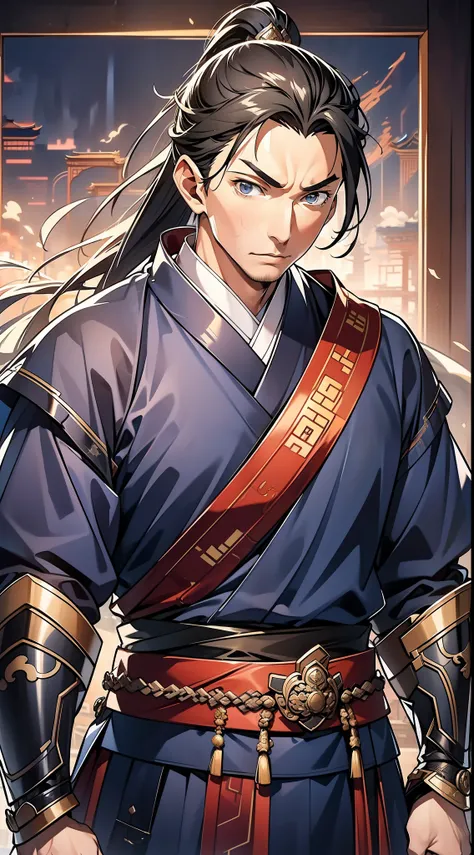 Masterpiece, Excellent, Daytime, 1 Man, Chinese Style, Ancient China, Chinese Court, Eagle, Turquoise Brown Hair, Gray-Blue Eyes, Split Hair, Long Hair, Long Bangs, High Ponytail, Handsome, Handsome, Serious, Gentle, Tall, Quiet, Dark Clothes, Gray-Blue Cl...