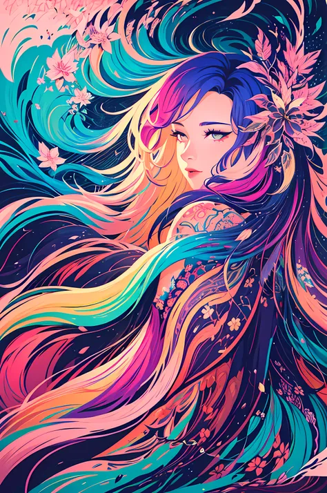 a painting of a woman with long hair and colorful hair, beautiful digital illustration, stunning digital illustration, gorgeous ...