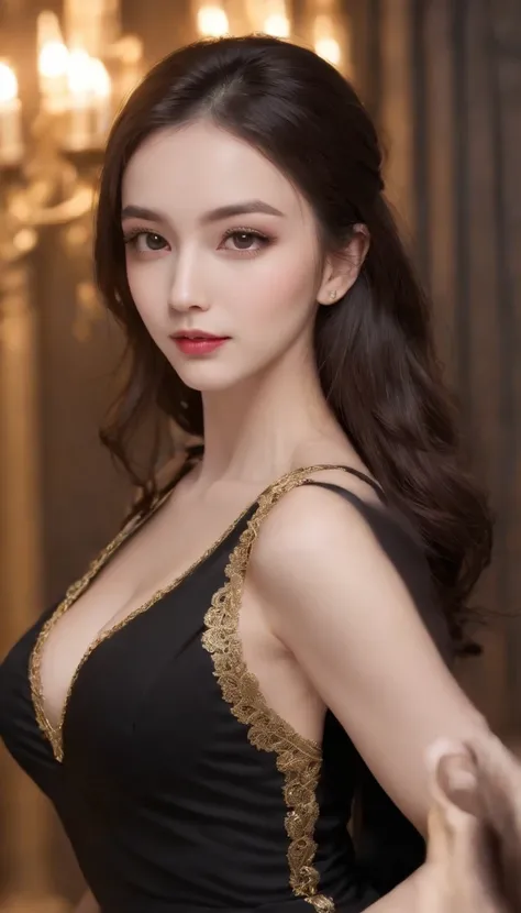 "A very beautiful girl from the abyss, a girl with magical beauty, ((wearing a black dress with gold trim:1.8)), black dress that hugs the body, historical style costumes, sexy ancient style, jet black curly hair, the most beautiful and detailed hair jewel...