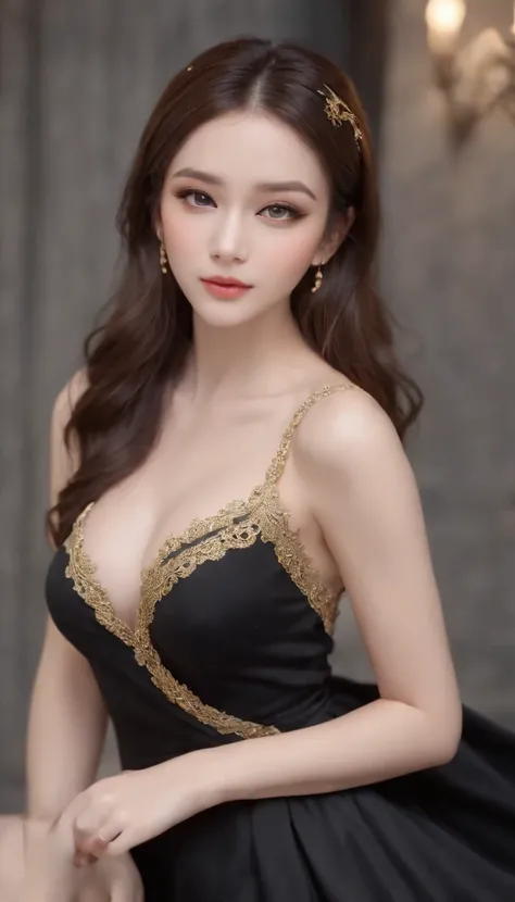 "A very beautiful girl from the abyss, a girl with magical beauty, ((wearing a black dress with gold trim:1.8)), black dress that hugs the body, historical style costumes, sexy ancient style, jet black curly hair, the most beautiful and detailed hair jewel...