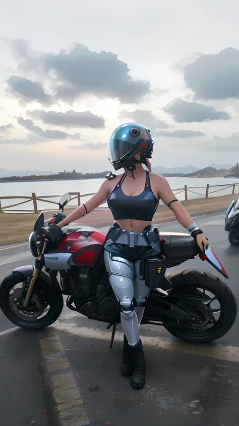 Hermosa mujer, voluptuoso cuerpo entero, Usando casco de moto que oculta su rostro, usando armadura estilo ciberpunk ,condenar, Warhammer 40.000 precioso y hundido, Bright and moist sculptural body, usando mecha de metal desgastado, rojo y blanco, Wet and ...