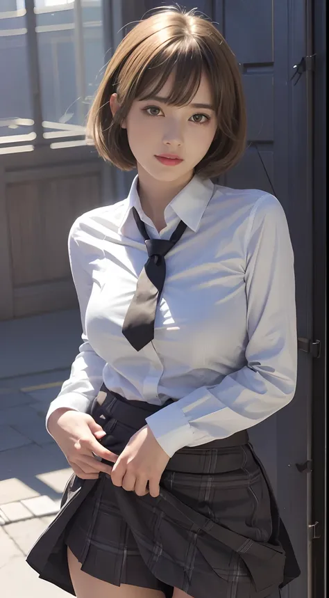 1girl in, Looking at Viewer, Upper body, 。.。.3D, Realistic, Large breasts, Constricted waist, hi-school girl, High School Uniform, Medium bob hair, White blouses, pleatedskirt, Rotten Woman, masutepiece, Best Quality, 8K, Detailed skin texture, Detailed Cl...