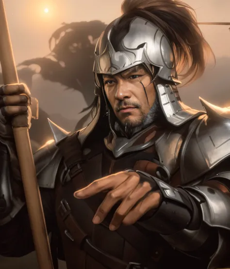 Close up portrait of a man in armor holding a stick