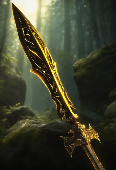 there is a pike with a yellow and black design on it, glowing yellow soul blade, glowing pike, style of pike blade, raytraced blade, glaive, shinning pike, intricate fantasy spear, war blade weapon, medievil spear, magical pike, realistic pike