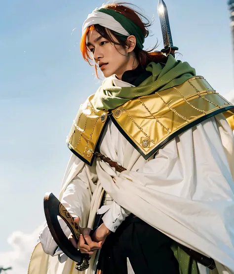 a handsome asian man with orange hair and a sword and a cape wearing a green turban on his head, close-up!!!!!, full body close-up shot, high quality, [:intricate details:1.0], realistic:1.3, ultra realistic, real life, live action, photo realistic, 4K, hi...