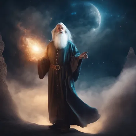 1200s. ily. Old wizard with a gray beard, A spell, There is spirit everywhere, Dynamic pose, Wind, Smoke, spark of light, Stars above the clouds, surrealism, Super realistic, Cinematic, pastel colour, Fantasy universe background