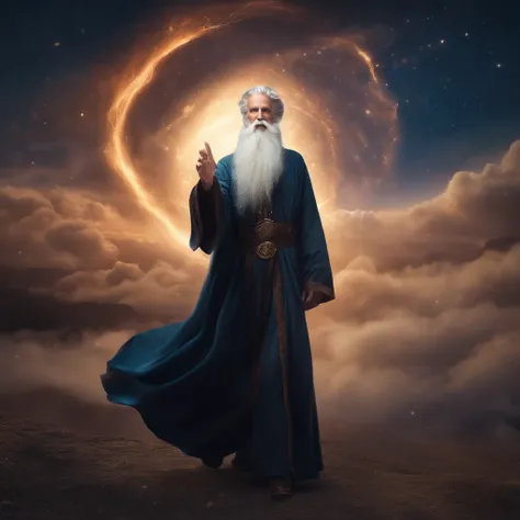 1200s. ily. Old wizard with a gray beard, A spell, There is spirit everywhere, Dynamic pose, Wind, Smoke, spark of light, Stars above the clouds, surrealism, Super realistic, Cinematic, pastel colour, Fantasy universe background