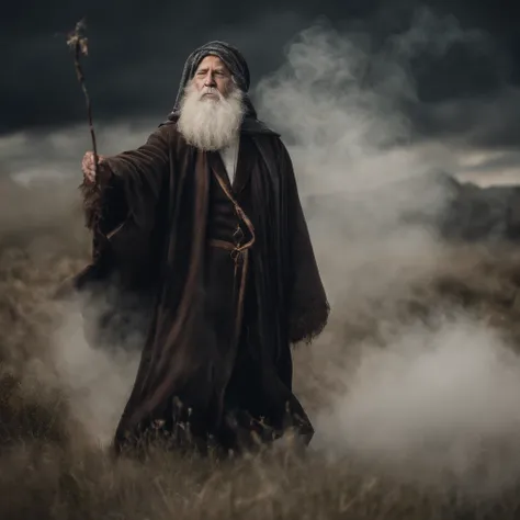 1200s. ily. Old wizard with a gray beard, A spell, There is spirit everywhere, Dynamic pose, Wind, Smoke, spark of light, Stars above the clouds, surrealism, Super realistic, Cinematic, pastel colour, Fantasy universe background