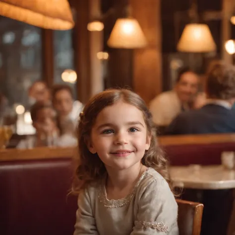 happy little girl in retro restaurant, back lighting, medium shot, high quality photo,close-up