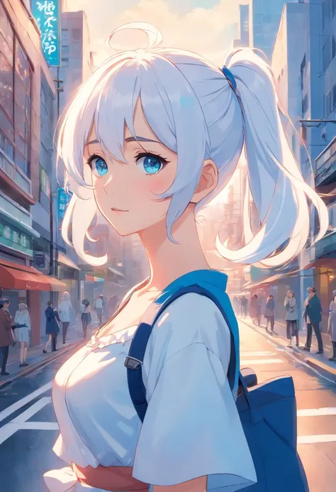 White color hair，Double ponytail curls，blue color eyes，White Lolita，Beth，A bustling city street