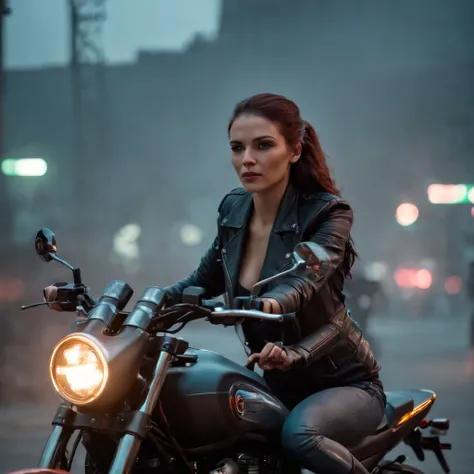 ((Qualidade Superior)), ((Melhor Varejo)), (high level of detail: 1.3), 3d, A woman riding a motorcycle,Lindo fiz (O cyberpunk:1.3) mulher hacker, female spy, pilotando uma motocicleta,medium long shot