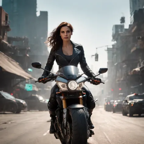 ((Qualidade Superior)), ((Melhor Varejo)), (high level of detail: 1.3), 3d, A woman riding a motorcycle,Lindo fiz (O cyberpunk:1.3) mulher hacker, female spy, pilotando uma motocicleta,medium long shot