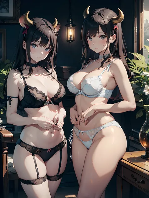 (masterpiece1.5),hyper quality, Hyper Detailed,Perfect drawing,NFSW、adult lady、married woman、Gentle smile、cows milk、cow ears、ox’s horn、very large udder、(((Beautiful lingerie)))、(((Beautiful panties)))、(((Luxury underwear)))、。.。.3D,16K illustrations、((clear...