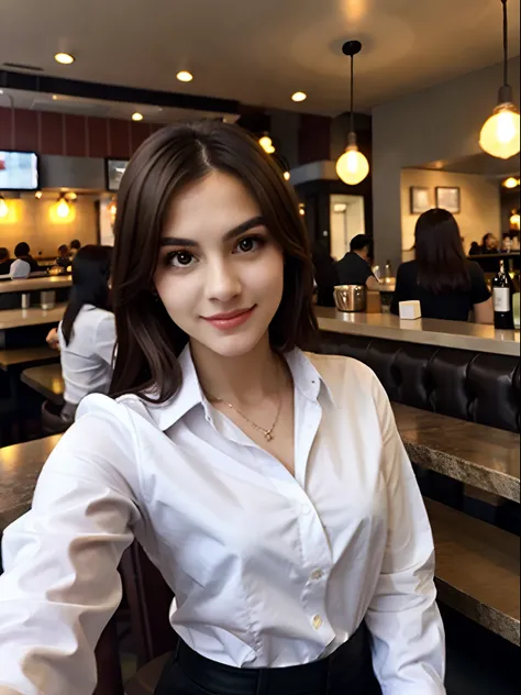 brunette woman wearing white shirt selfi portrayed, at restaurants, people in the background, amateur photo