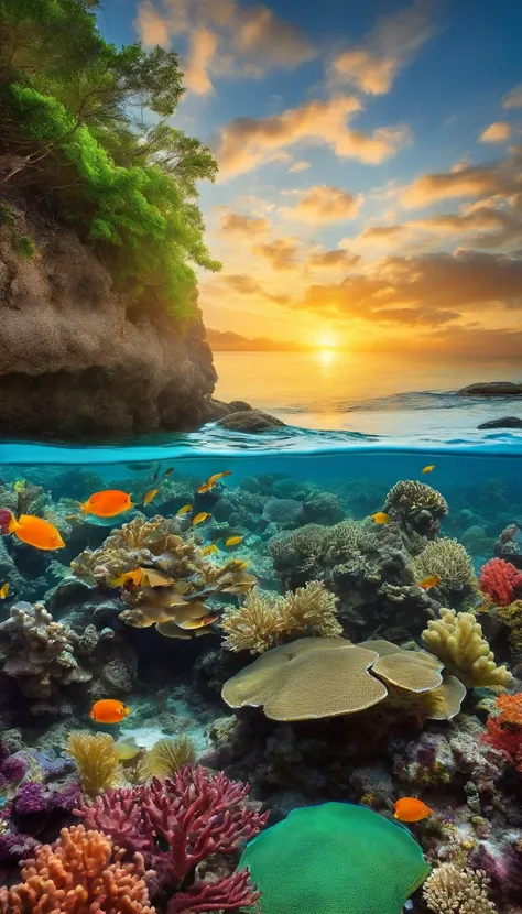 (colorful reef,underwater,coral,crystal-clear water,tropical fishes,rays of sunlight,detailed marine life,vibrant colors,tranquil atmosphere,serene,swaying seaweed,exotic species,dazzling array of colors) ,(best quality,highres:1.2), (underwater photograph...