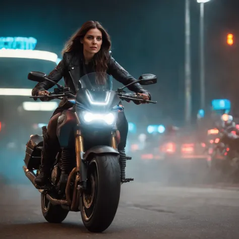 ((Qualidade Superior)), ((Melhor Varejo)), (high level of detail: 1.3), 3d, A woman riding a motorcycle,Lindo fiz (O cyberpunk:1.3) mulher hacker, female spy, pilotando uma motocicleta,medium long shot