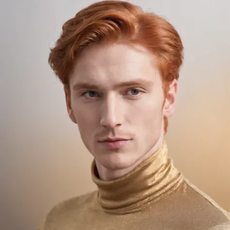 young red-haired man, in turtleneck shirt, gold color, dynamic pose, side view, light background, front lighting, medium shot, high quality photo, upper body