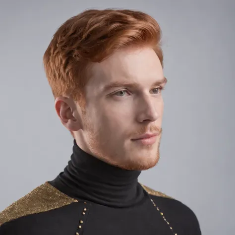 young red-haired man, in turtleneck shirt, gold color, dynamic pose, side view, light background, front lighting, medium shot, high quality photo, upper body