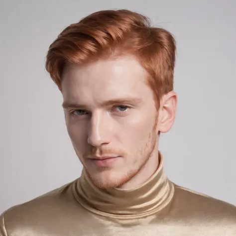 young red-haired man, in turtleneck shirt, gold color, dynamic pose, side view, light background, front lighting, medium shot, high quality photo, upper body