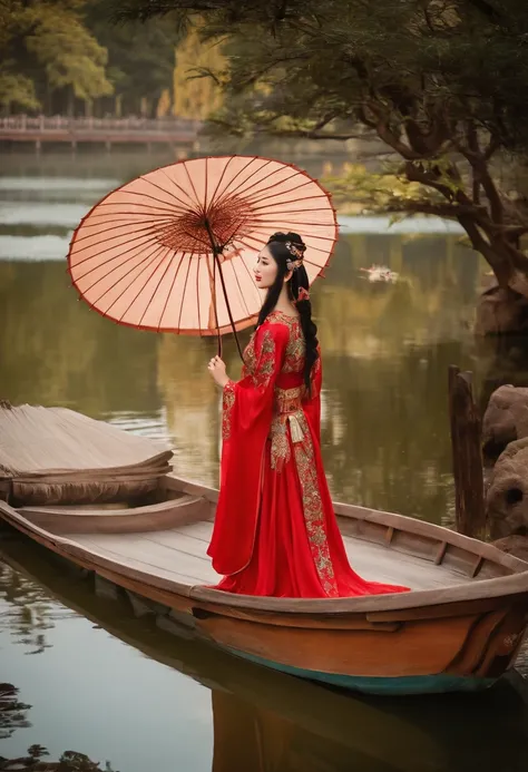 Boat Lake Umbrella Pavilion，Wearing Chinese Han Dynasty costumes，Chinese fairy with loose black hair