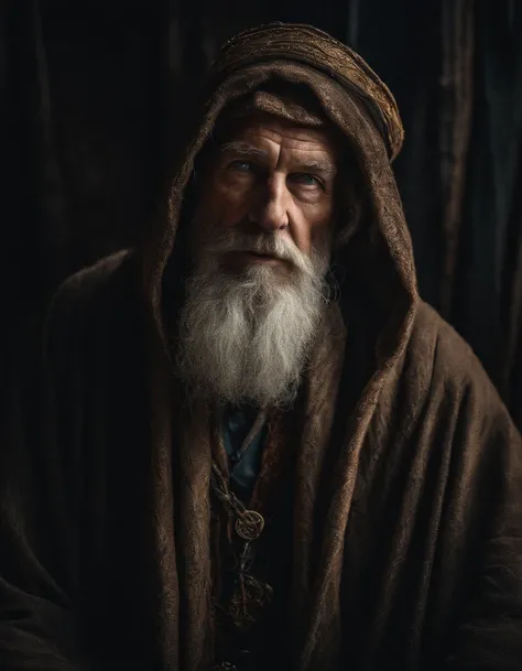 A portrait of a wizard, bearded, wrinkled, weathered, with piercing eyes, detailed face, high details, photography, dark studio, rim light, Nikon D850, 50mm, f/1.4