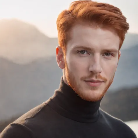 Young red-haired man in turtleneck shirt, dynamic pose, side view, light background, front lighting, medium shot, high quality photo, upper body