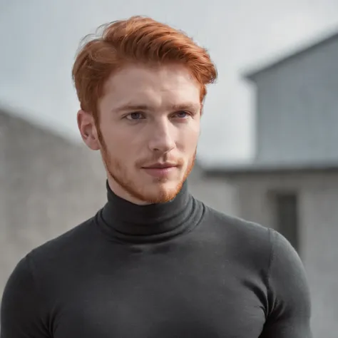 Young red-haired man in turtleneck shirt, dynamic pose, side view, light background, front lighting, medium shot, high quality photo, upper body