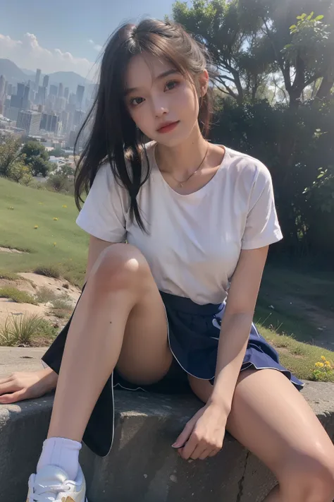 (full bodyesbian:1.5)，(1girll:1.3),(view the viewer:1.4)，(anatomy correct:1.4),(Sit on top of the hill:1.2),(wearing short skirt:1.2),( athletic sneakers :1.1),(Accurate and perfect face:1.3),(Long legs:1.3),hyper HD, Ray traching, reflective light， struct...