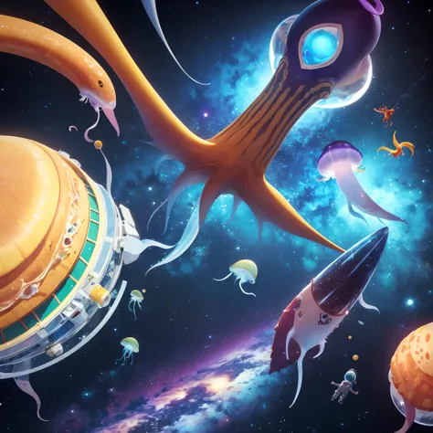 Space creatures, squid and jellyfish, life form surviving in space