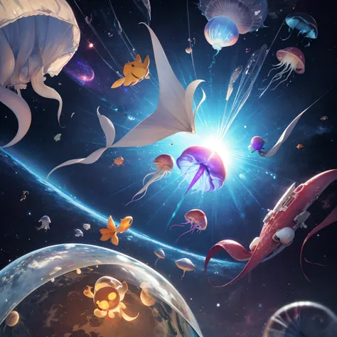 Space creatures, squid and jellyfish, life form surviving in space