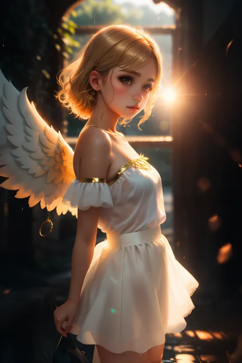 depth of field, moody lighting, 8k, glowing, particles, white cute girl, delicate face, angel, wings, blonde hair, white silk cl...