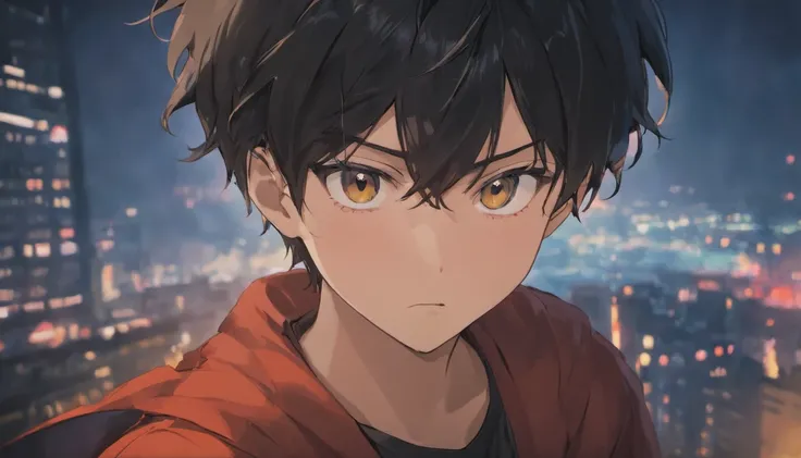 akira, teenager boy, black hair, blurry background, face close up, atmospheric