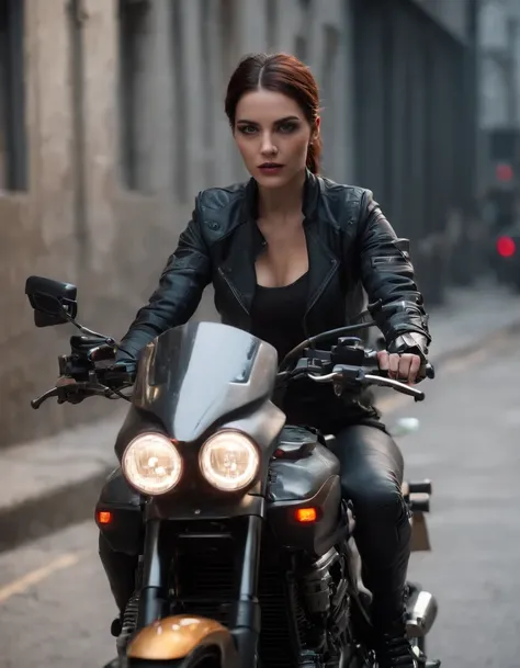 ((Qualidade Superior)), ((Melhor Varejo)), (high level of detail: 1.3), 3d, A woman riding a motorcycle,Lindo fiz (O cyberpunk:1.3) mulher hacker, female spy, pilotando uma motocicleta,medium long shot