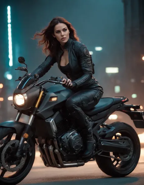 ((Qualidade Superior)), ((Melhor Varejo)), (high level of detail: 1.3), 3d, A woman riding a motorcycle,Lindo fiz (O cyberpunk:1.3) mulher hacker, female spy, pilotando uma motocicleta,medium long shot