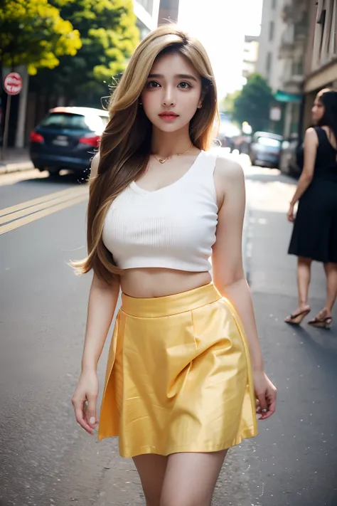 (((Desi Girl))), Chubby face, Natural skin, Wear hot deep-necked tops and dupata, Charming brunette hair,short  skirt，Long legs， ((The ends of the hair are blonde)), Urban street background, Bokeh