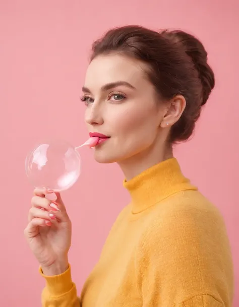 A hyperealistic photograph smiling young woman blowing bubble gum up in high heels and yellow sweater against pink background, in the style of patricia piccinini, minimalist backgrounds, flickr, loretta lux, noise photography, emotive faces, daniela uhlig,...