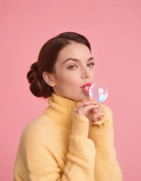 A hyperealistic photograph smiling young woman blowing bubble gum up in high heels and yellow sweater against pink background, in the style of patricia piccinini, minimalist backgrounds, flickr, loretta lux, noise photography, emotive faces, daniela uhlig,...