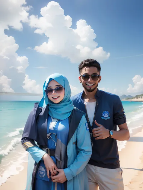 A cute girl and boy wearing sunglass, both of them in deep  blue uniform, the girl wearing long hijab,smiling and shining face  realistic face,light blue water in background, 8k