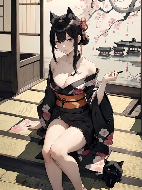 ((8K,​masterpiece、top-quality))、((traditional japanese ink painting:1.4)),lotuses,((Kimono:1.3)),Dress conservatively ,Shoulder out、cleavage of the breast、独奏、A dark-haired、((black cat ear)),Nero、looking at viewert