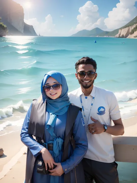 A cute girl and boy wearing sunglass, both of them in deep  blue uniform, the girl wearing long hijab,smiling and shining face  realistic face,light blue water in background, 8k