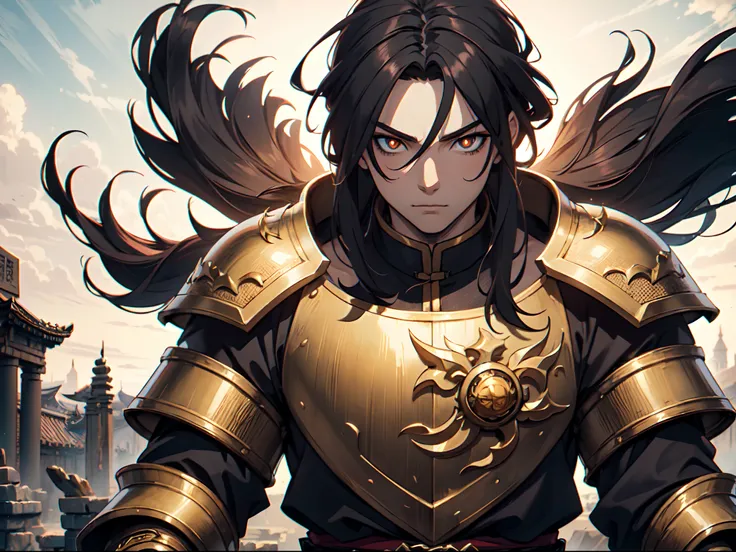 Ultra High Definition, Ultra High Quality, Extremely Detailed, Perfectly Detailed, Masterpiece, 8k, 1 Boy, Look A Like Xin From Kingdom Anime, Handsome, Armored With Chinese Emperor Armor, Black And Orange Pupil Eyes, Black Long Hair Tied, Full Body Shot, ...