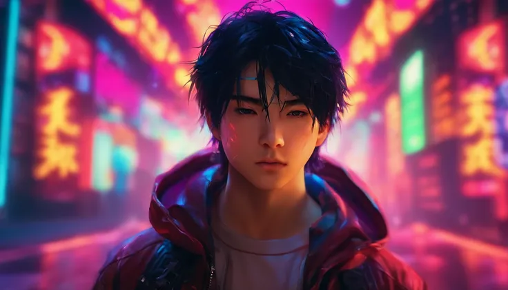 akira, teenager boy, black hair, blurry background, face close up, atmospheric