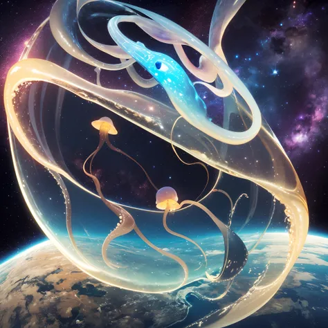 Cosmic creature, squid, jellyfish, life form surviving in space, covered with a thin, transparent, Pulsation, No human,