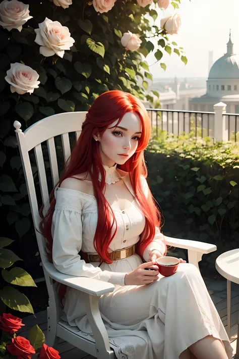 A woman with long red hair sits in a white chair sipping coffee and looking at the rose garden in front of her.