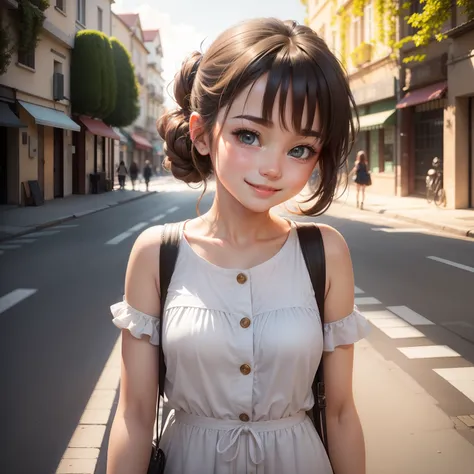 The ultimate cute scene with incredibly cute 1girl standing in the street with cute smile on her face, very cute, very adorable, beautiful eyes, cute face, hair style up, fashion style, cartooon characters, realistic, closeup level all of shapes and clarit...